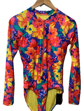 RELLECIGA Women One Piece Swimsuit Long Sleeve Floral Rash Guard Swimwear Size M